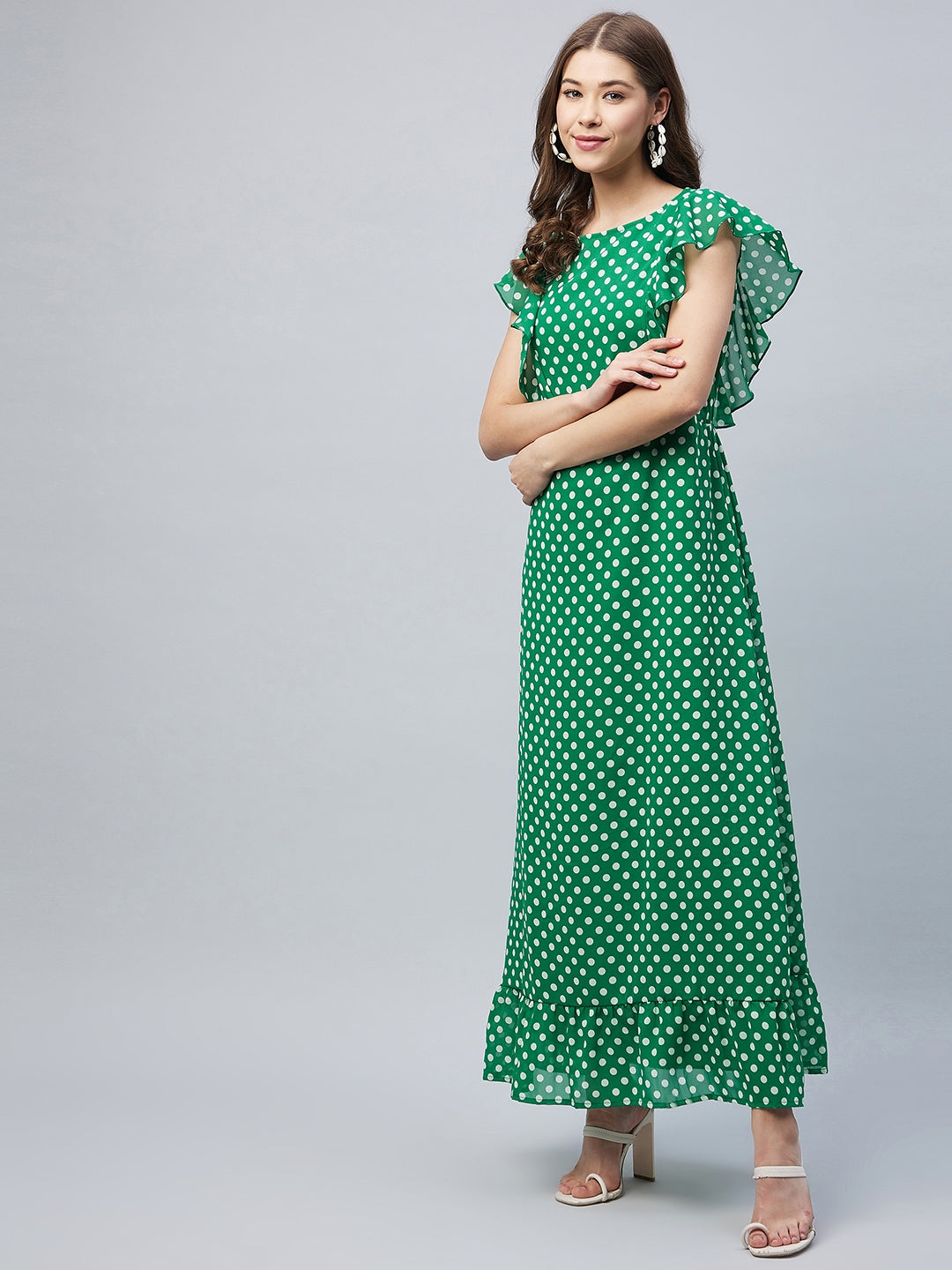 Women's Green Polka Maxi Dress with Flutter Sleeves