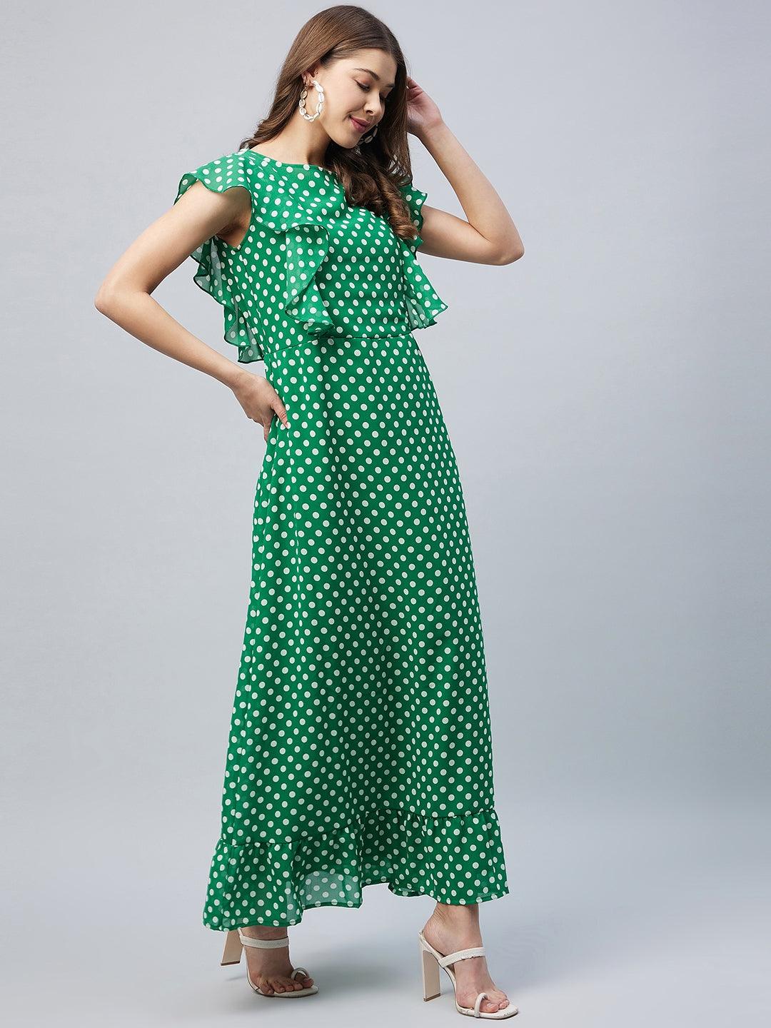 Women's Green Polka Maxi Dress with Flutter Sleeves