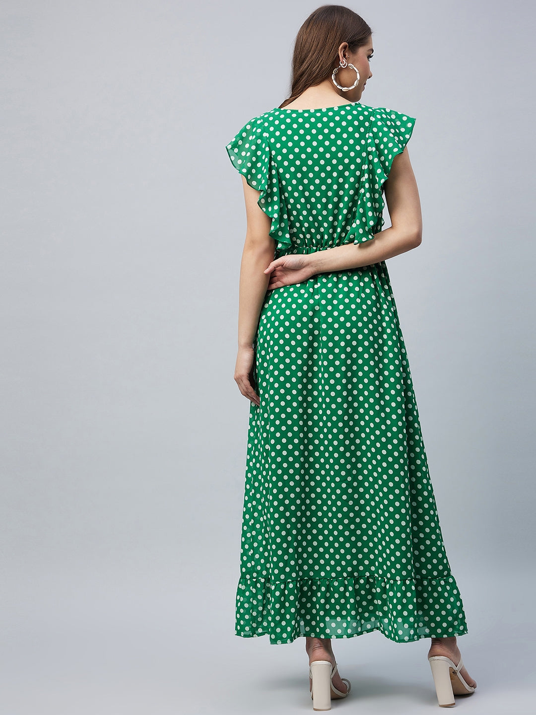 Women's Green Polka Maxi Dress with Flutter Sleeves