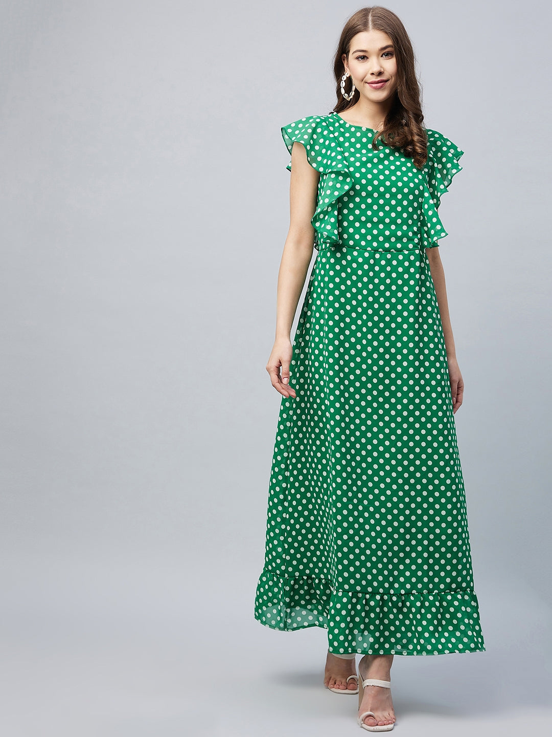 Women's Green Polka Maxi Dress with Flutter Sleeves