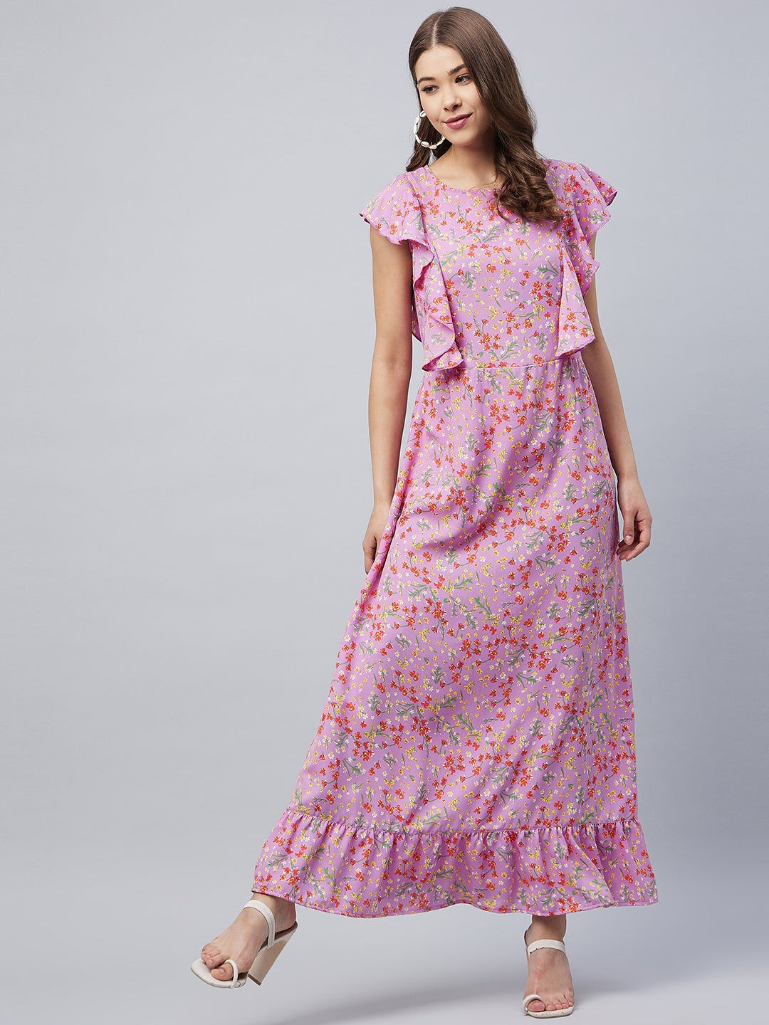 Women's Lavender Floral Maxi Dress with Flutter Sleeves
