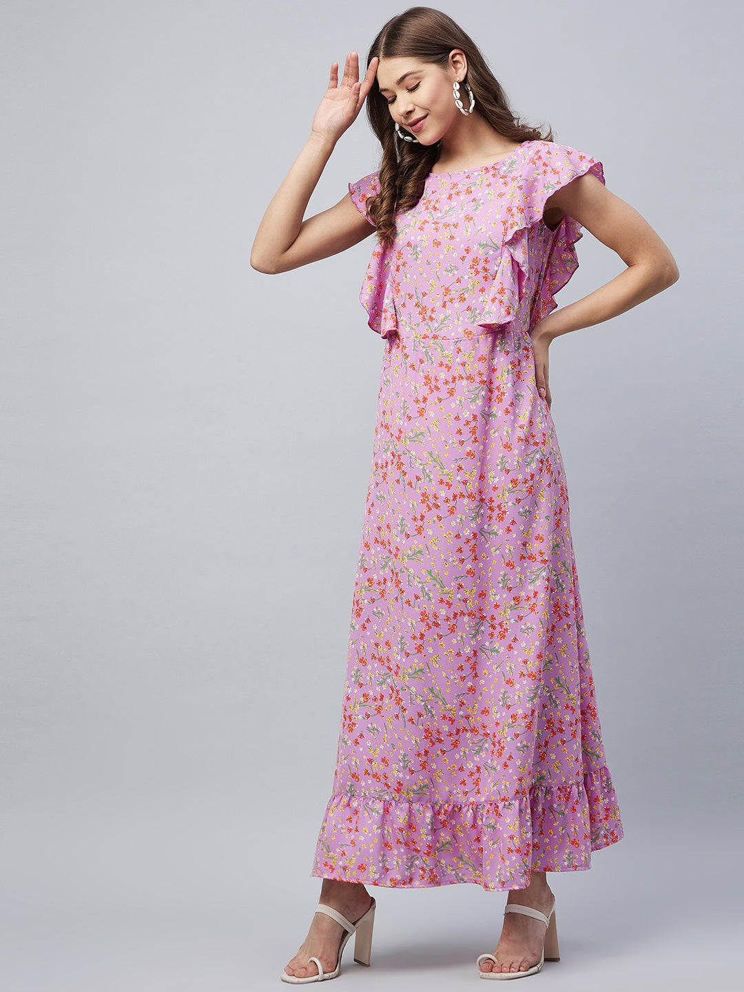 Women's Lavender Floral Maxi Dress with Flutter Sleeves