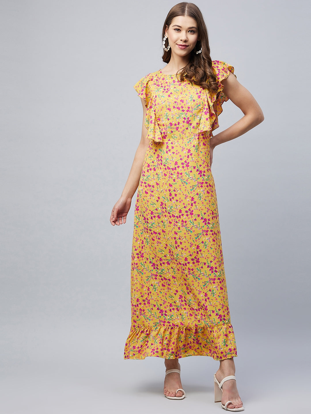 Women's Mustard Floral Maxi Dress with Flutter Sleeves