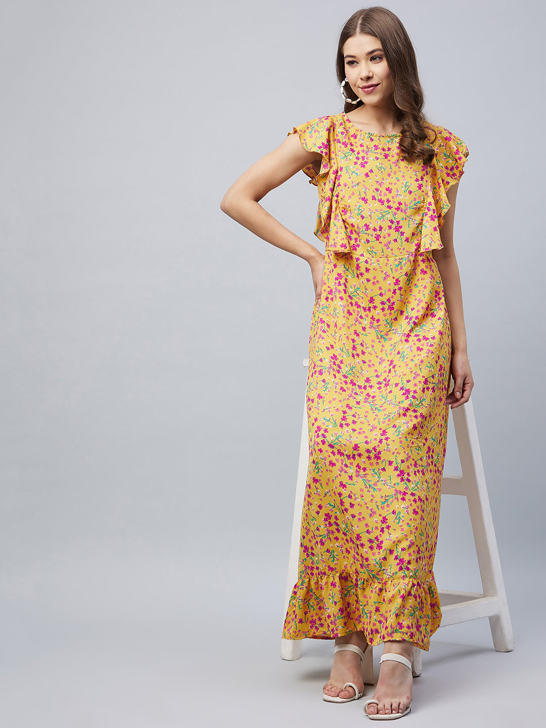 Women's Mustard Floral Maxi Dress with Flutter Sleeves