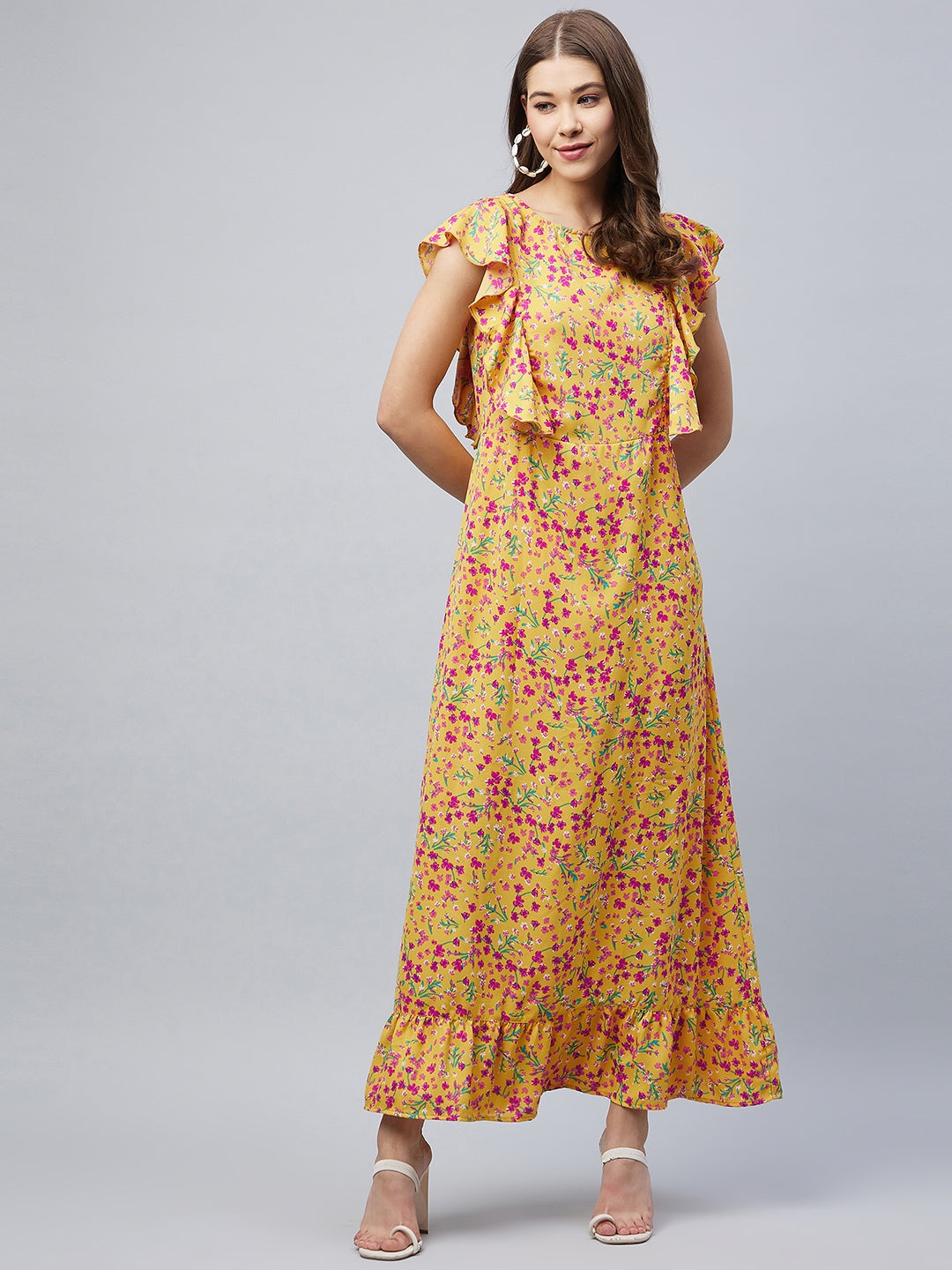 Women's Mustard Floral Maxi Dress with Flutter Sleeves