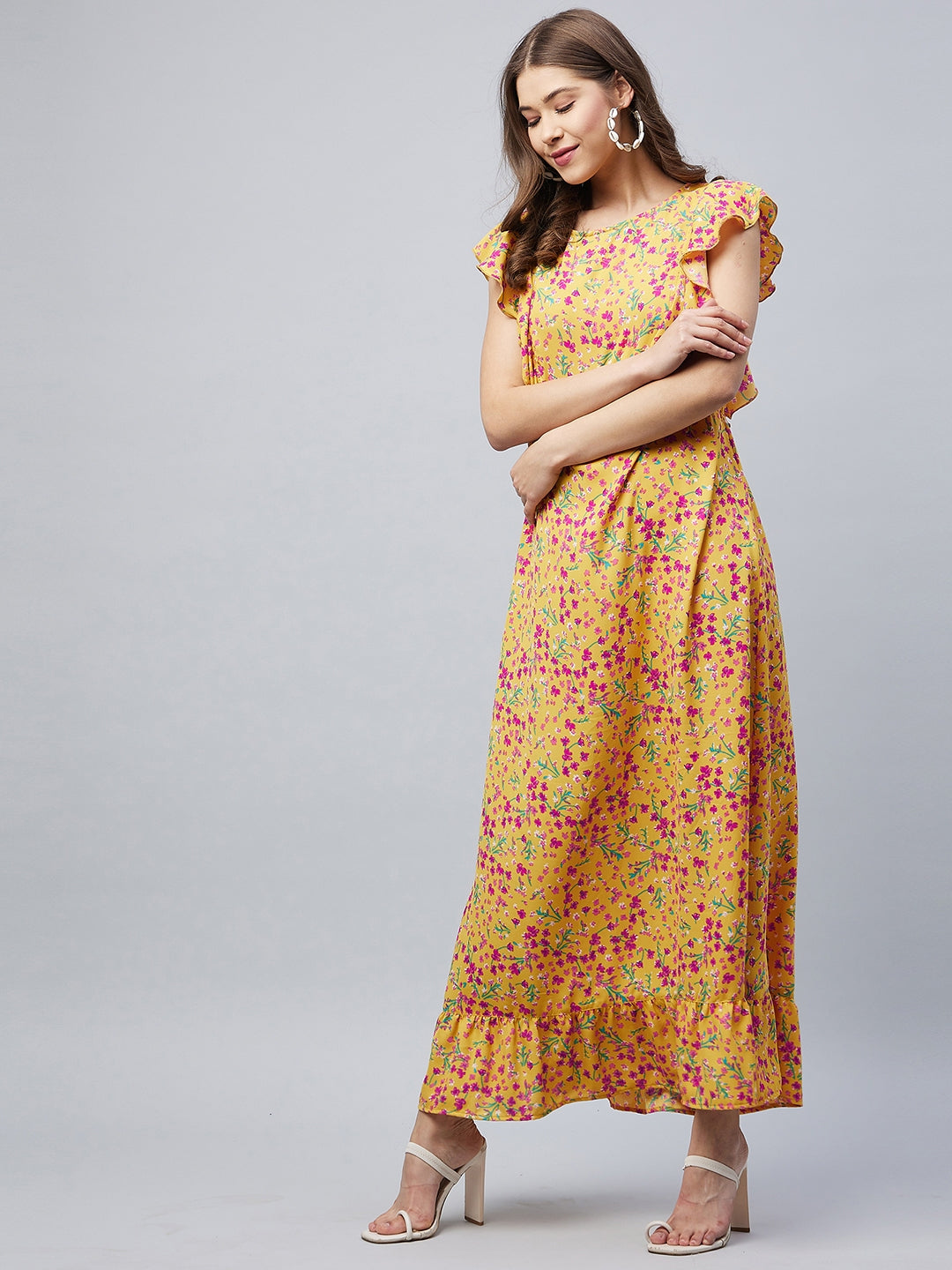 Women's Mustard Floral Maxi Dress with Flutter Sleeves