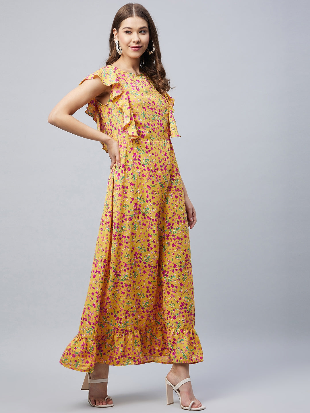 Women's Mustard Floral Maxi Dress with Flutter Sleeves