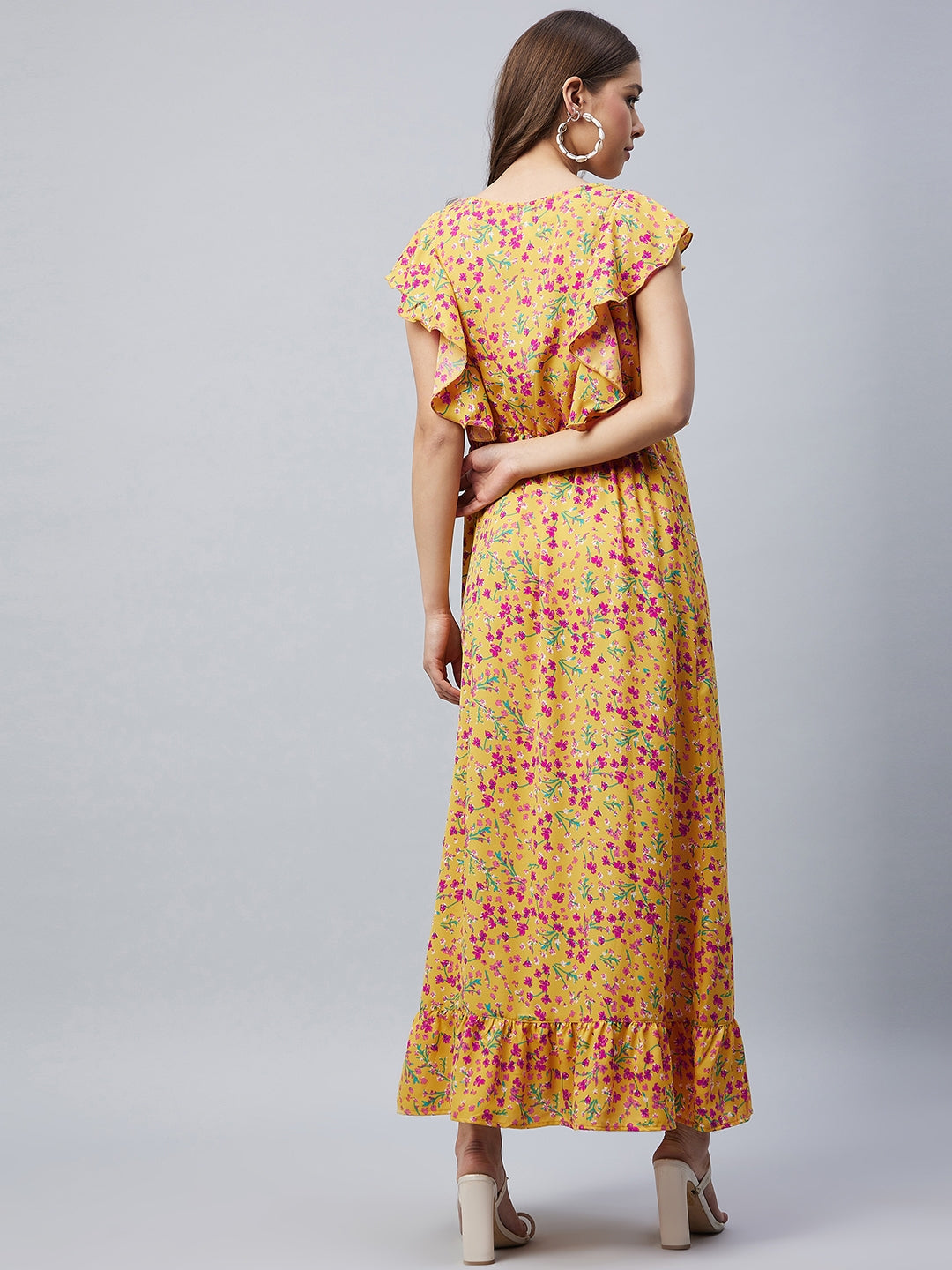 Women's Mustard Floral Maxi Dress with Flutter Sleeves