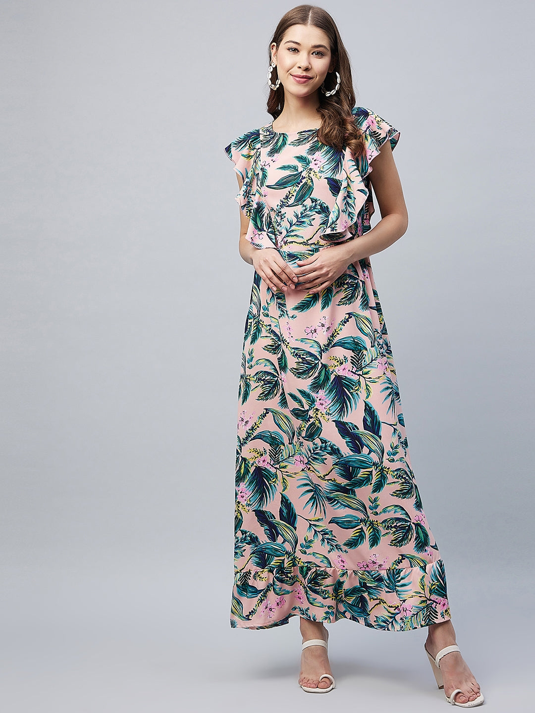 Women's Multicolour Floral Maxi Dress with Flutter Sleeves