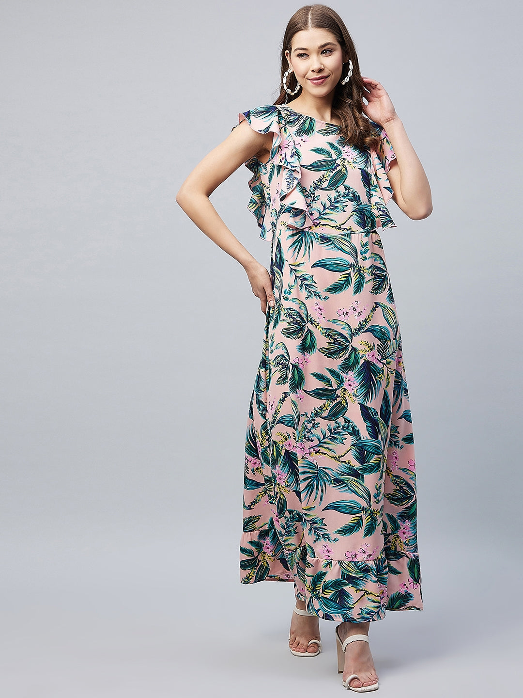 Women's Multicolour Floral Maxi Dress with Flutter Sleeves