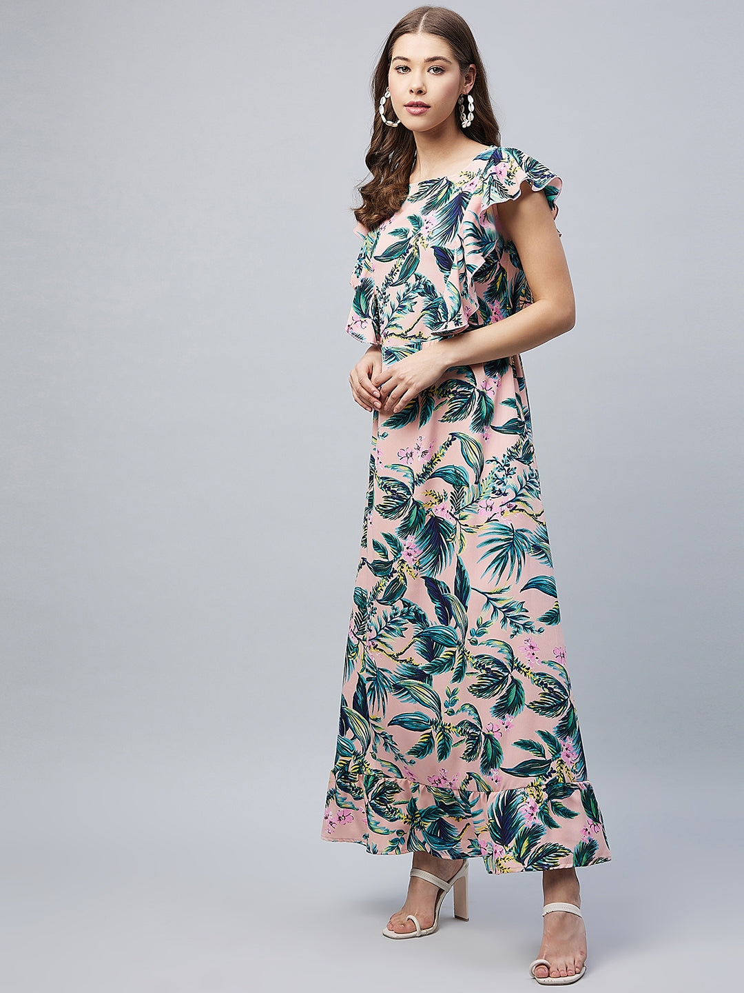 Women's Multicolour Floral Maxi Dress with Flutter Sleeves