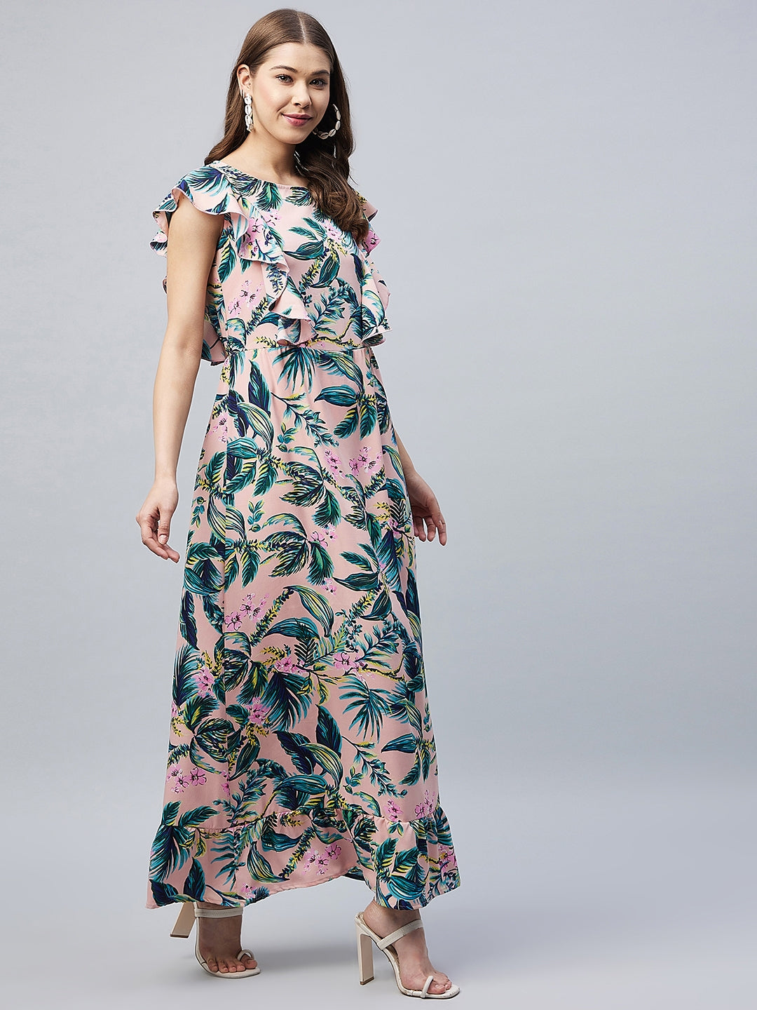 Women's Multicolour Floral Maxi Dress with Flutter Sleeves