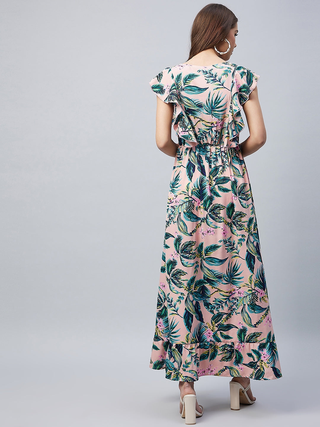 Women's Multicolour Floral Maxi Dress with Flutter Sleeves