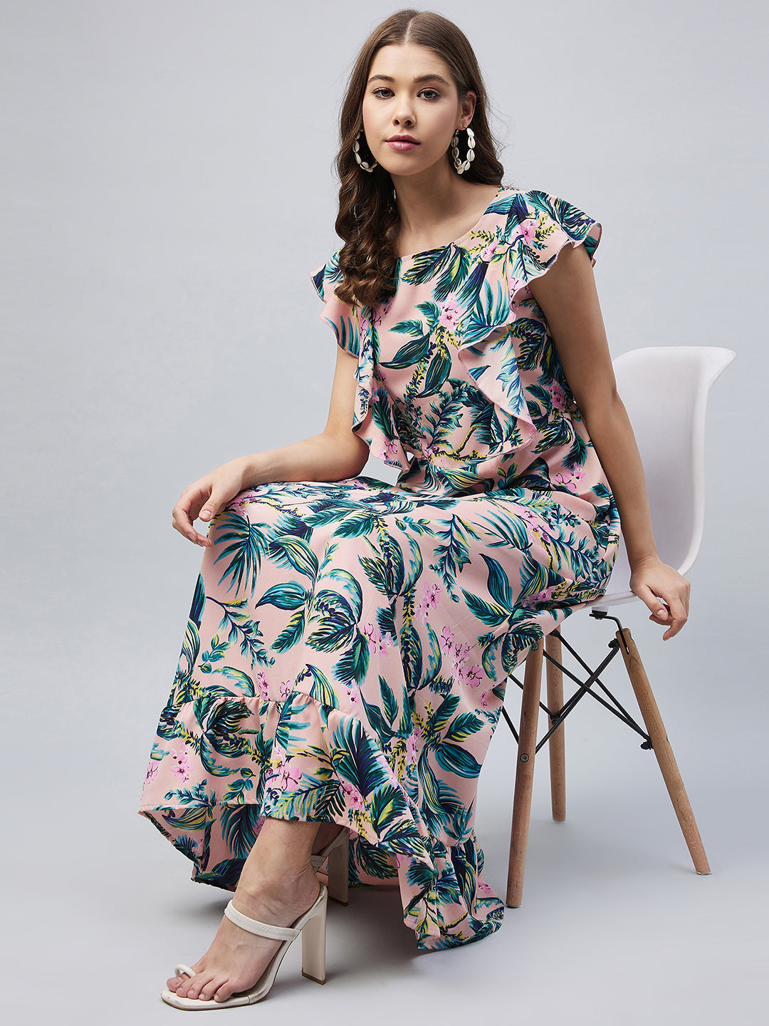 Women's Multicolour Floral Maxi Dress with Flutter Sleeves