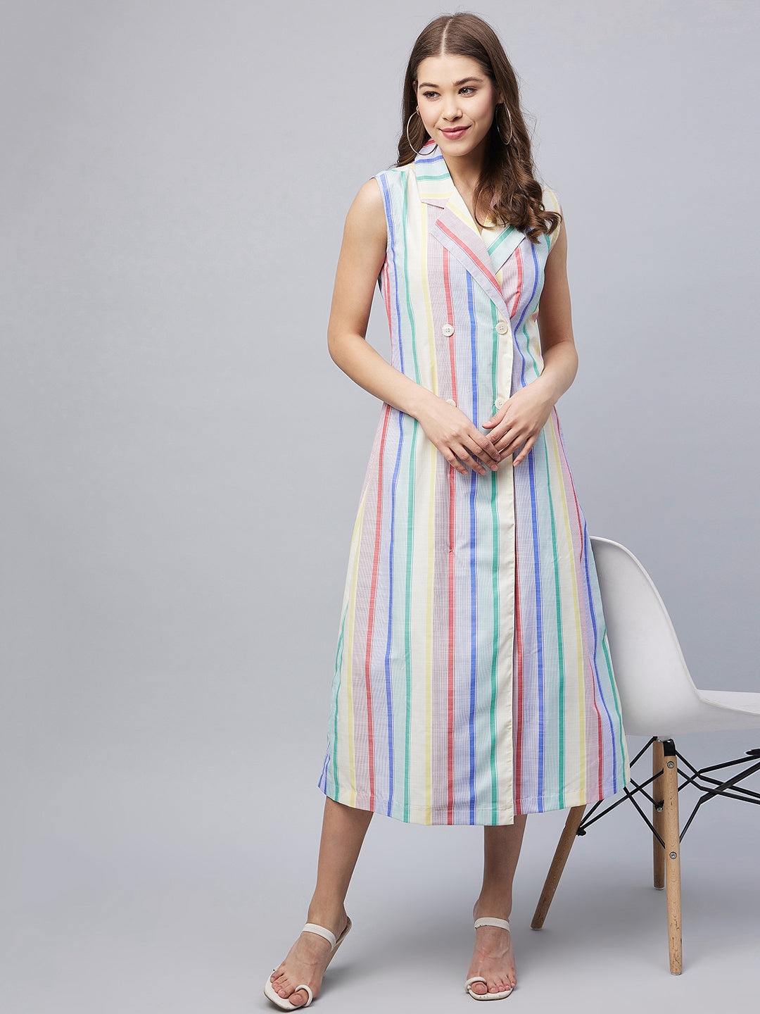 Women's Multi Coloured Striped Blazer Midi Dress