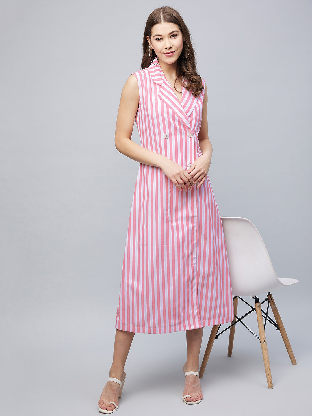 Women's Pink Striped Blazer Midi Dress