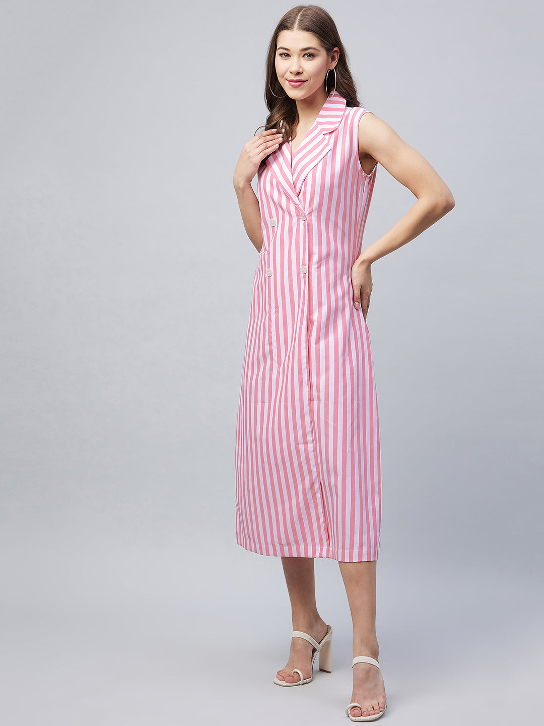 Women's Pink Striped Blazer Midi Dress