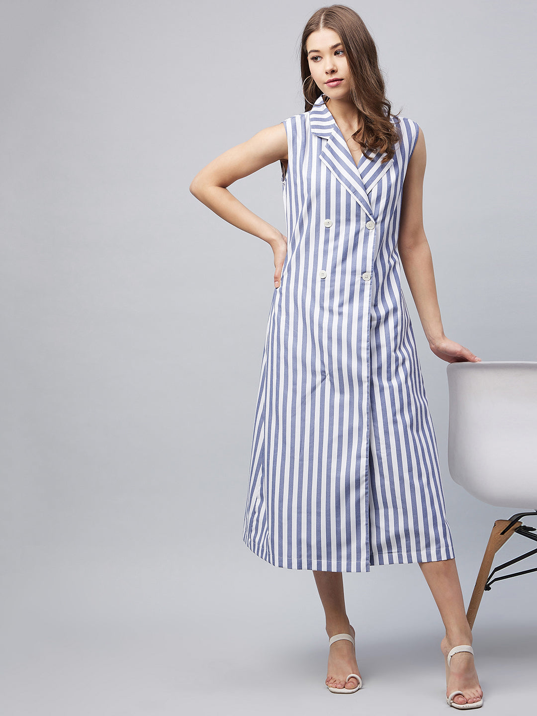 Women's Blue Striped Blazer Midi Dress