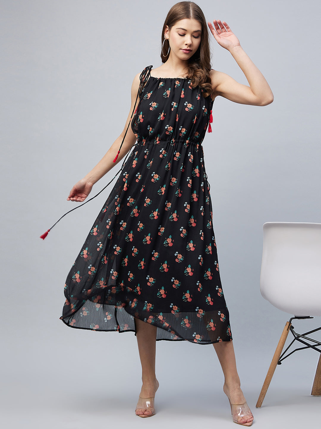 Women's Black Floral Tie up Dress with Tassels