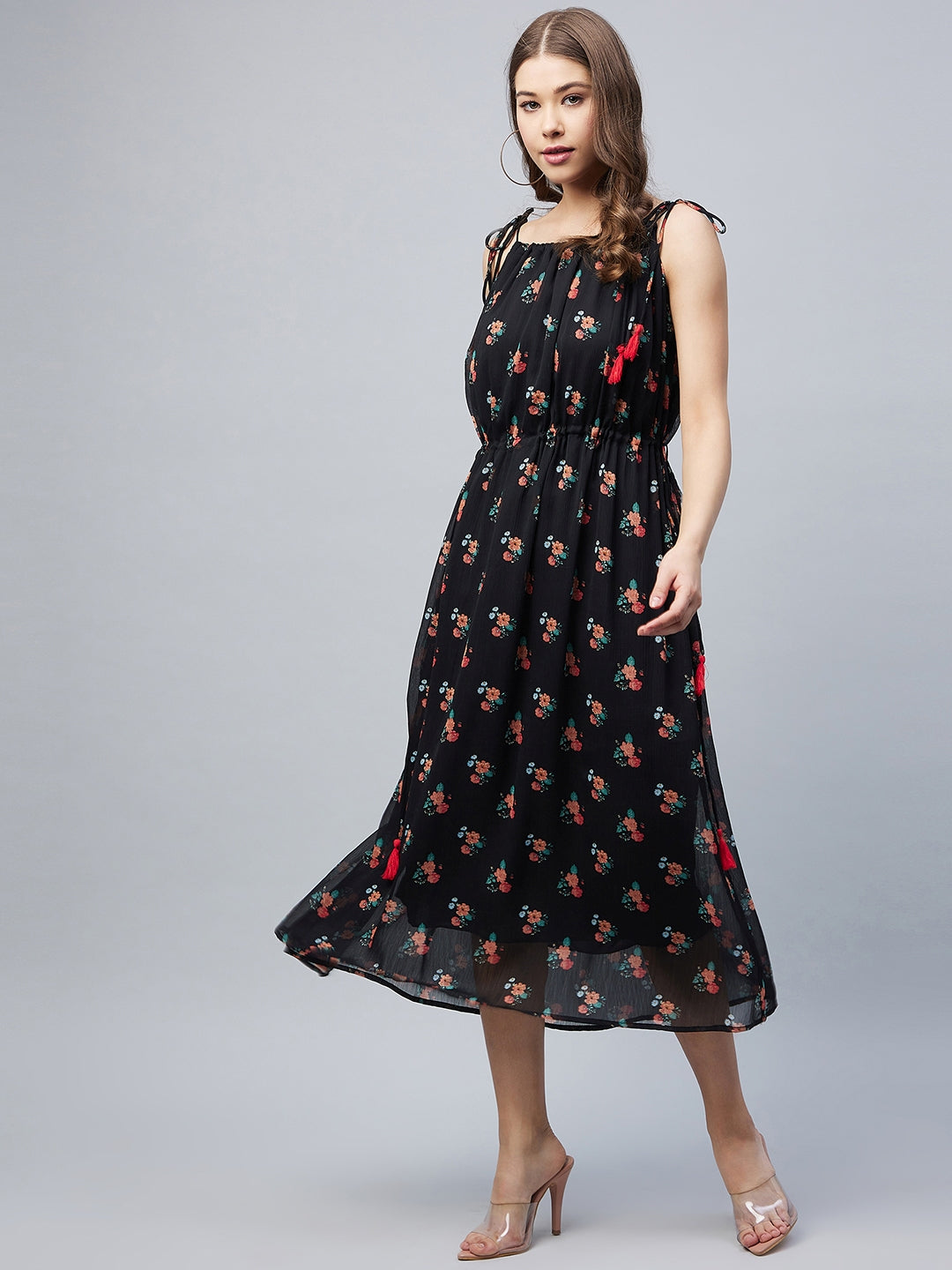 Women's Black Floral Tie up Dress with Tassels