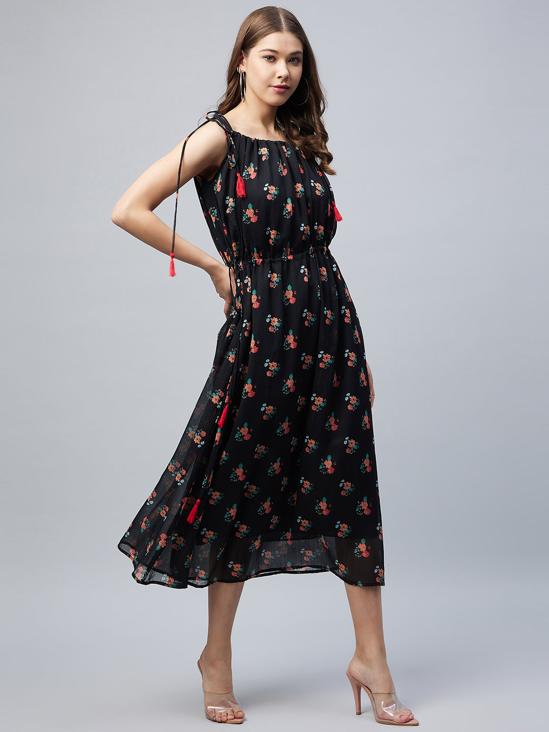 Women's Black Floral Tie up Dress with Tassels