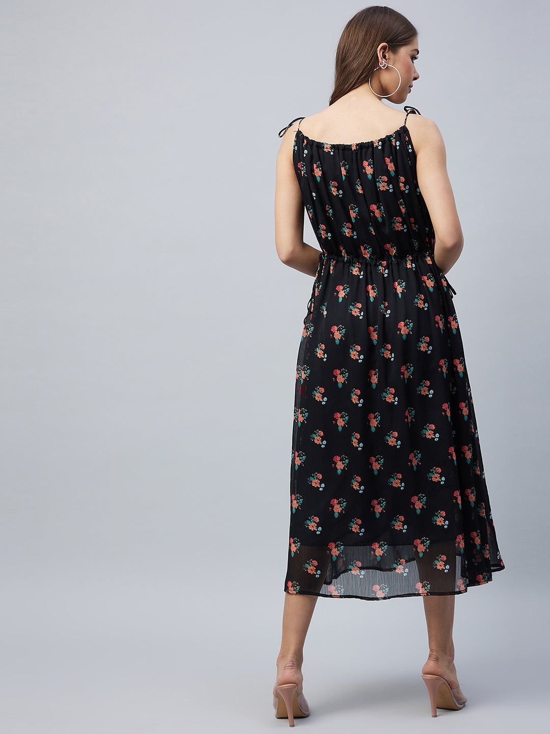 Women's Black Floral Tie up Dress with Tassels