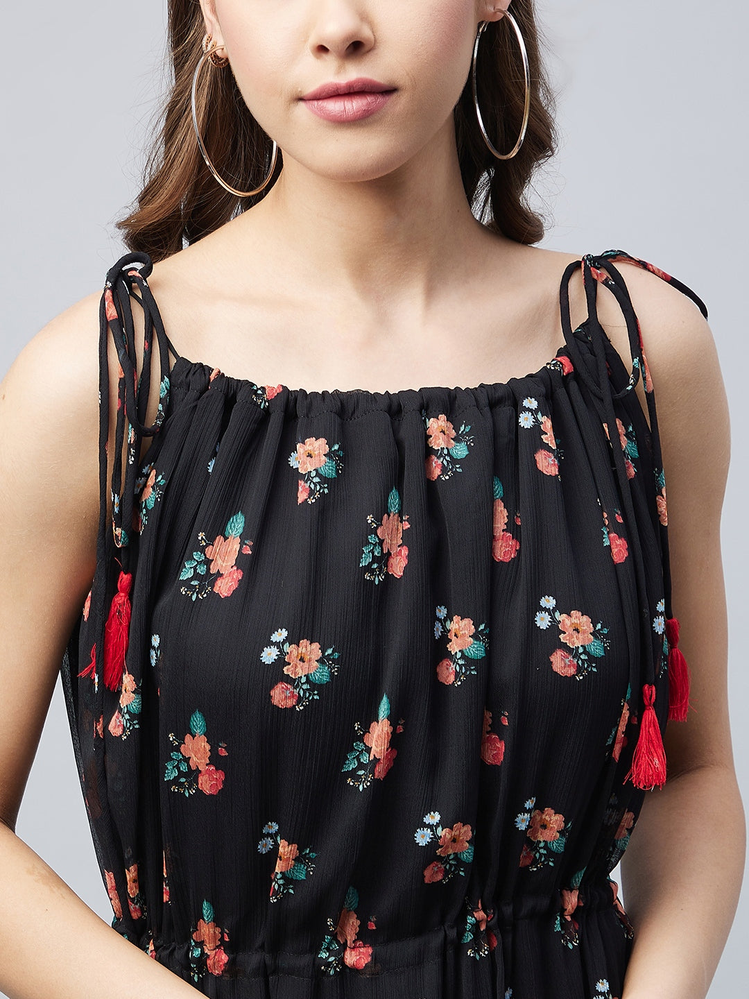 Women's Black Floral Tie up Dress with Tassels