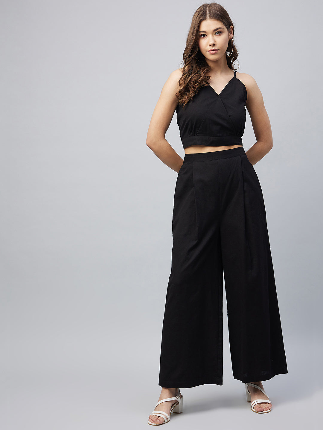 Women's Cotton Linen Black Crop Top and Palazzo set