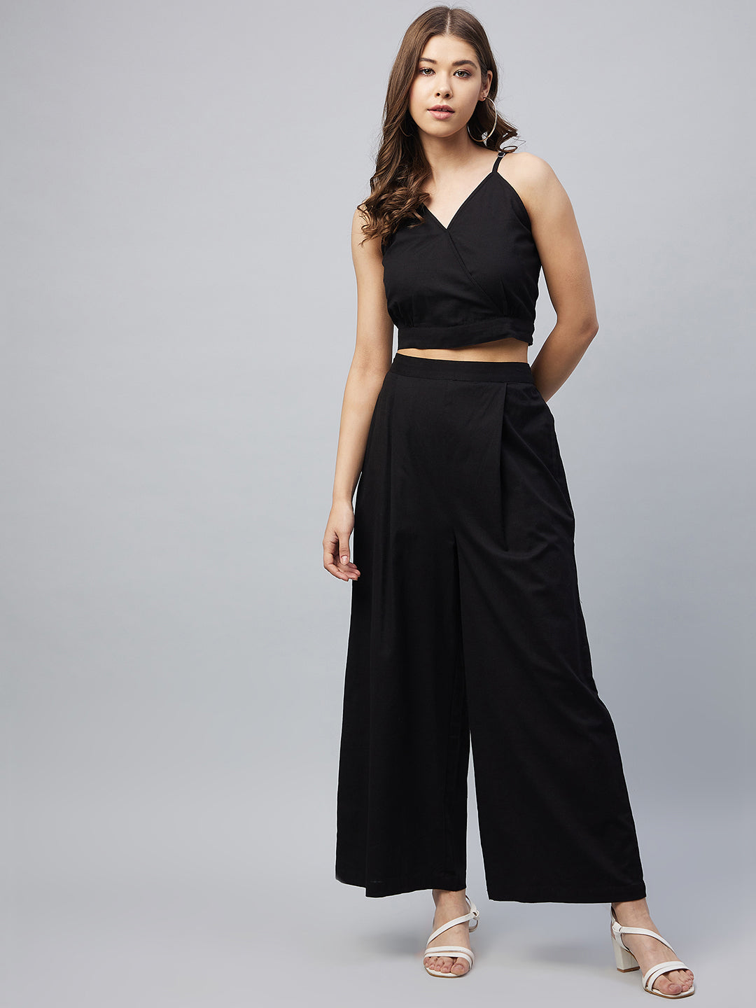 Women's Cotton Linen Black Crop Top and Palazzo set