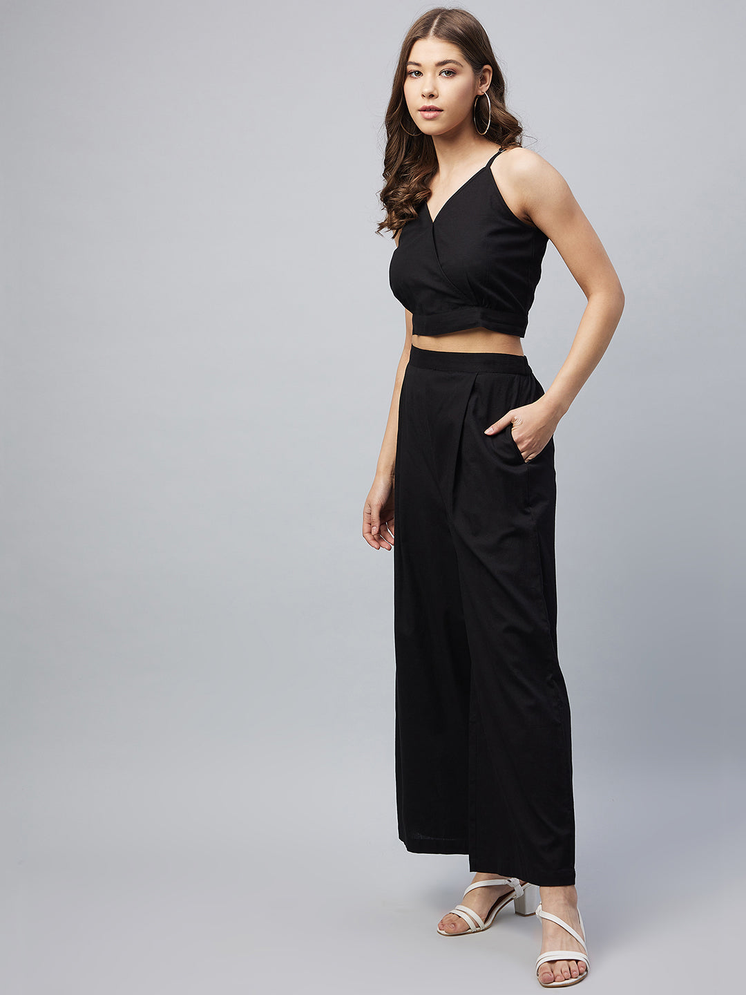 Women's Cotton Linen Black Crop Top and Palazzo set