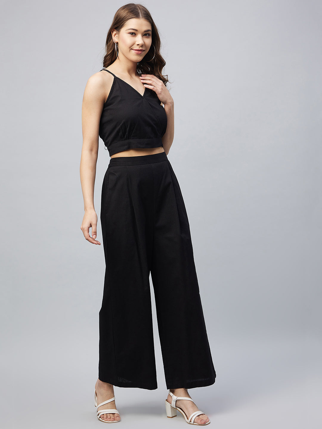 Women's Cotton Linen Black Crop Top and Palazzo set