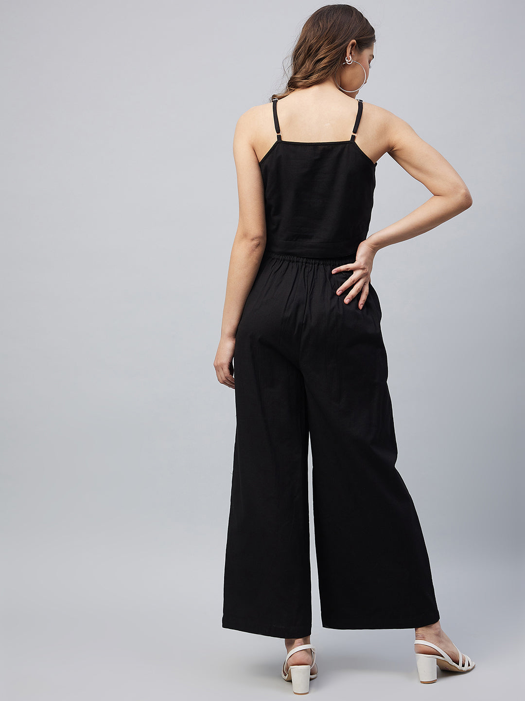 Women's Cotton Linen Black Crop Top and Palazzo set