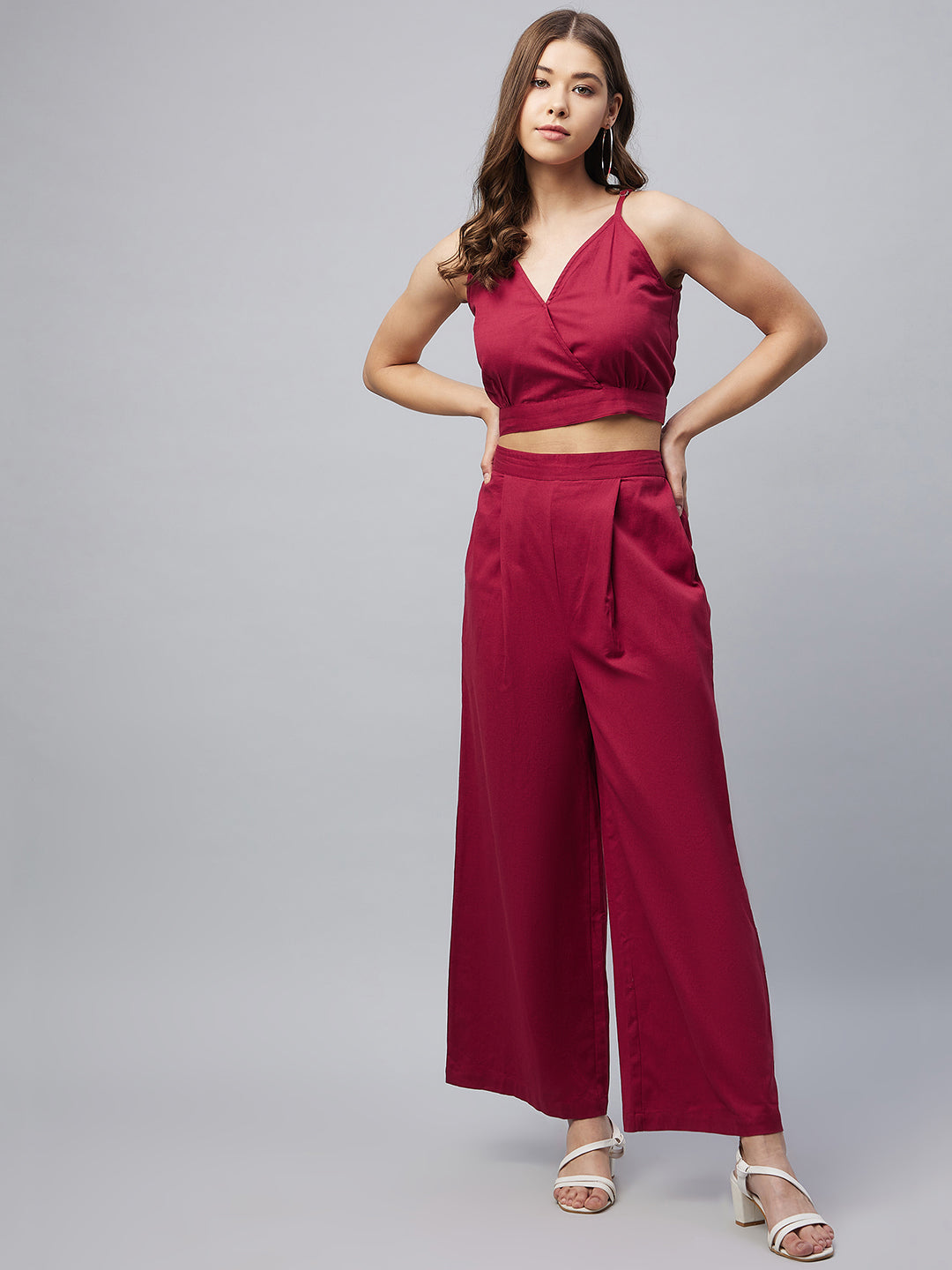 Women's Cotton Linen Maroon Crop Top and Palazzo set