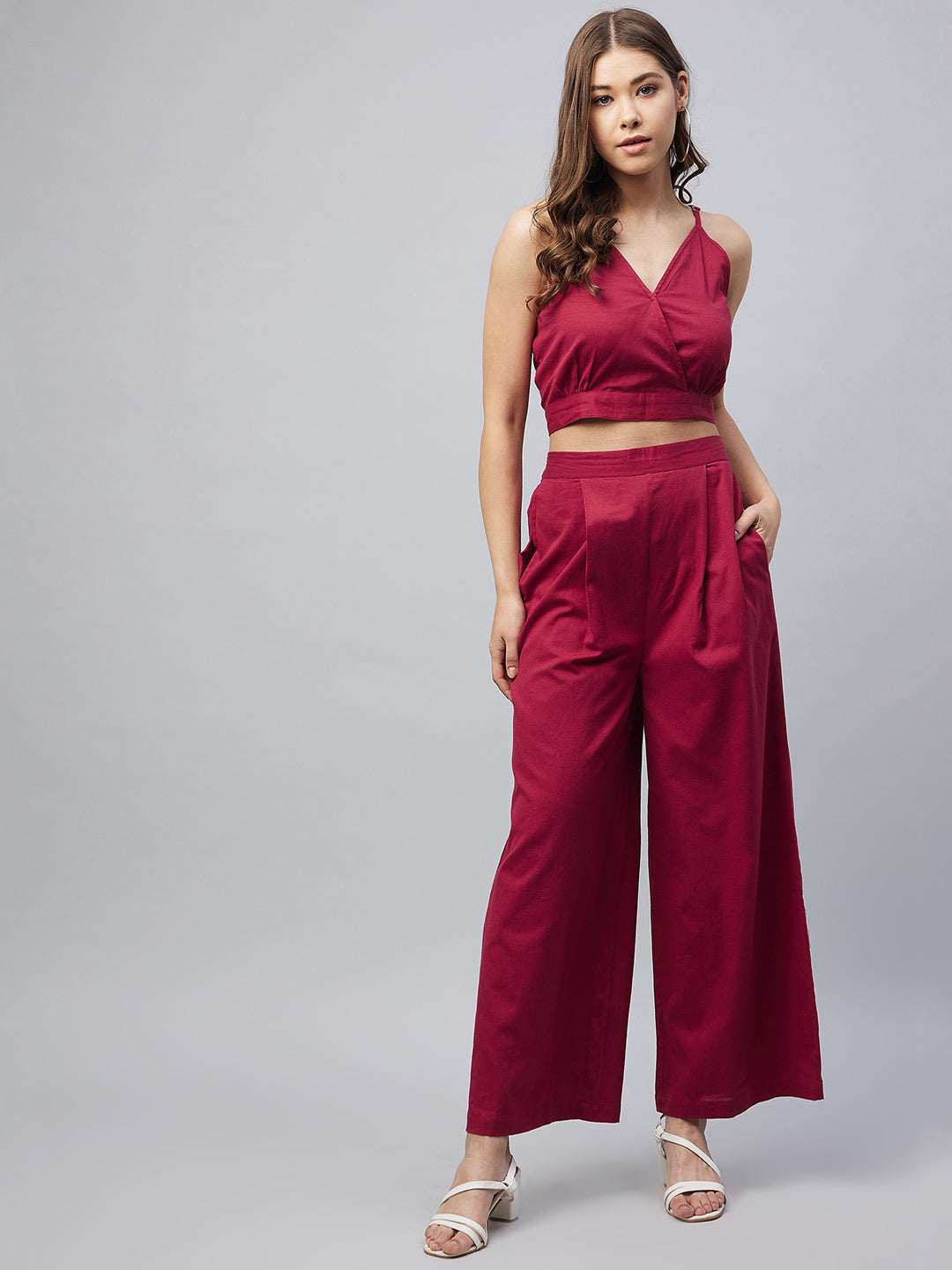 Women's Cotton Linen Maroon Crop Top and Palazzo set