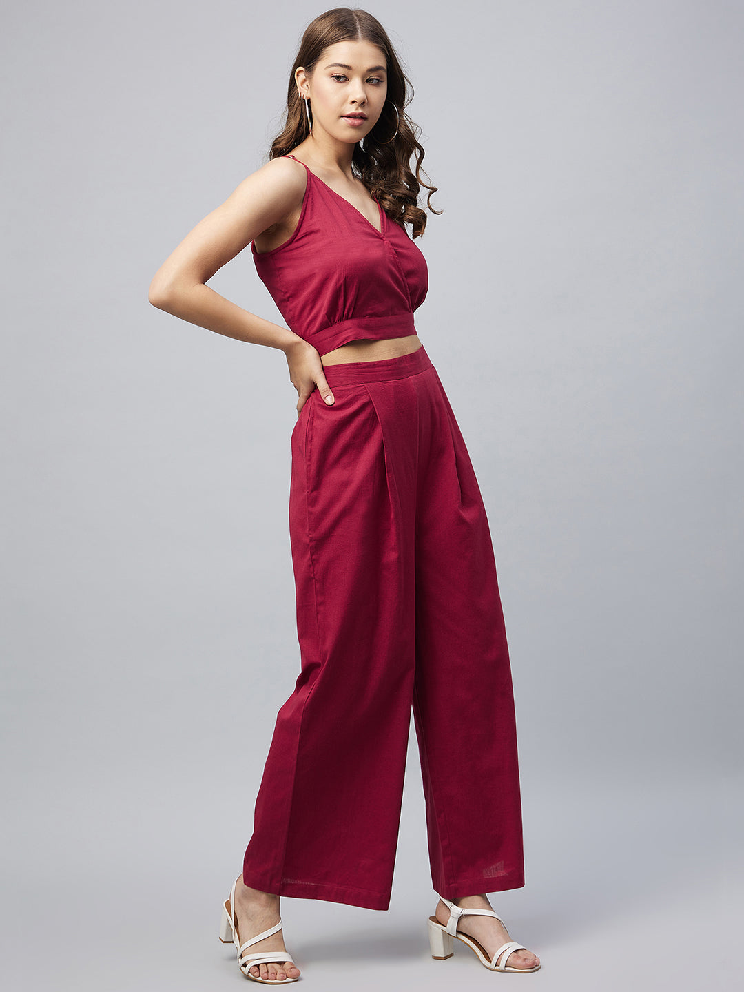 Women's Cotton Linen Maroon Crop Top and Palazzo set