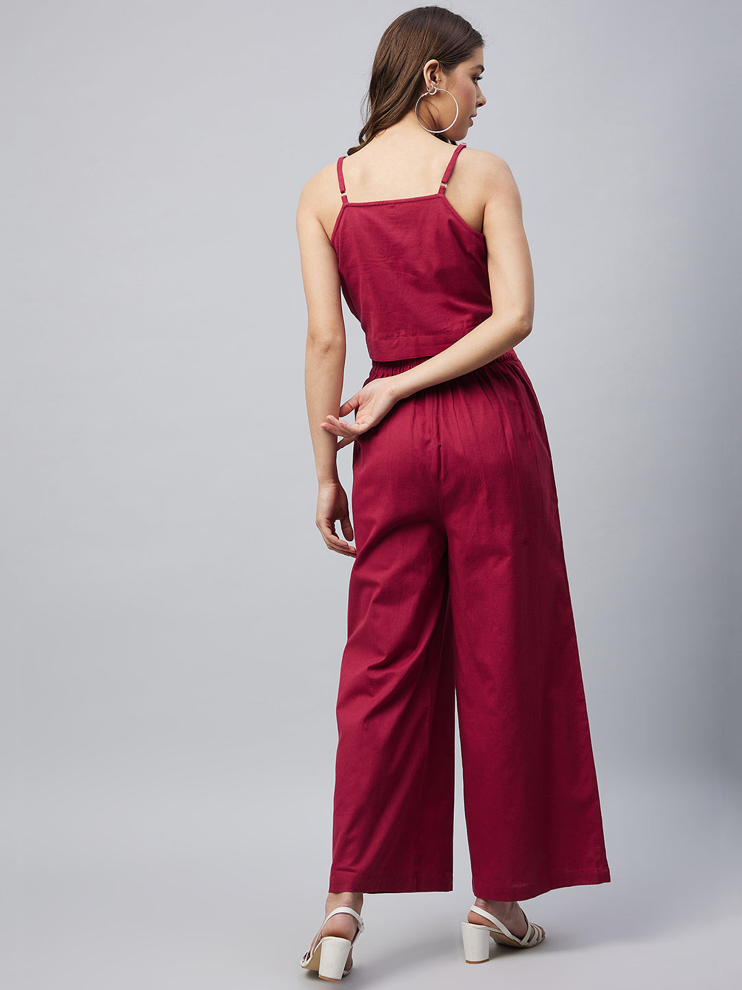 Women's Cotton Linen Maroon Crop Top and Palazzo set