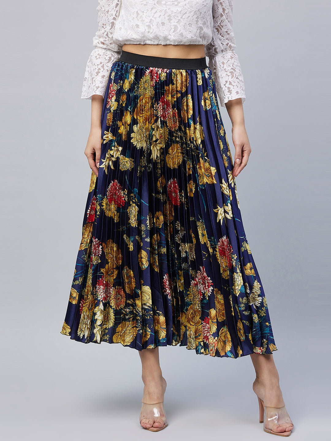 Women's Satin pleated skirt with Floral Print