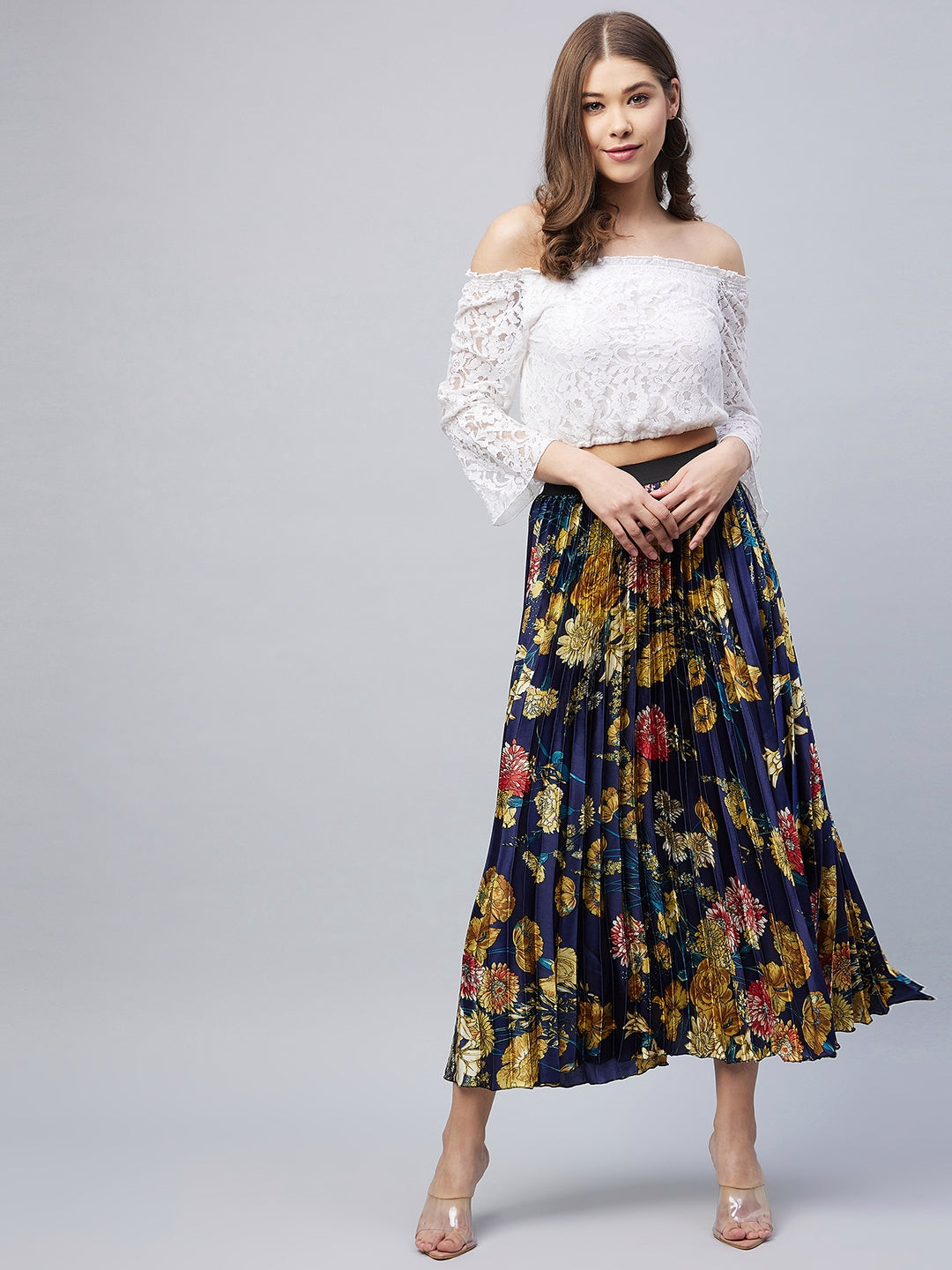 Women's Satin pleated skirt with Floral Print