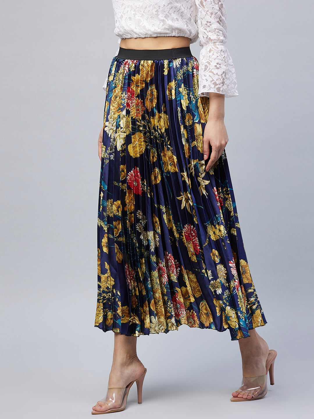 Women's Satin pleated skirt with Floral Print