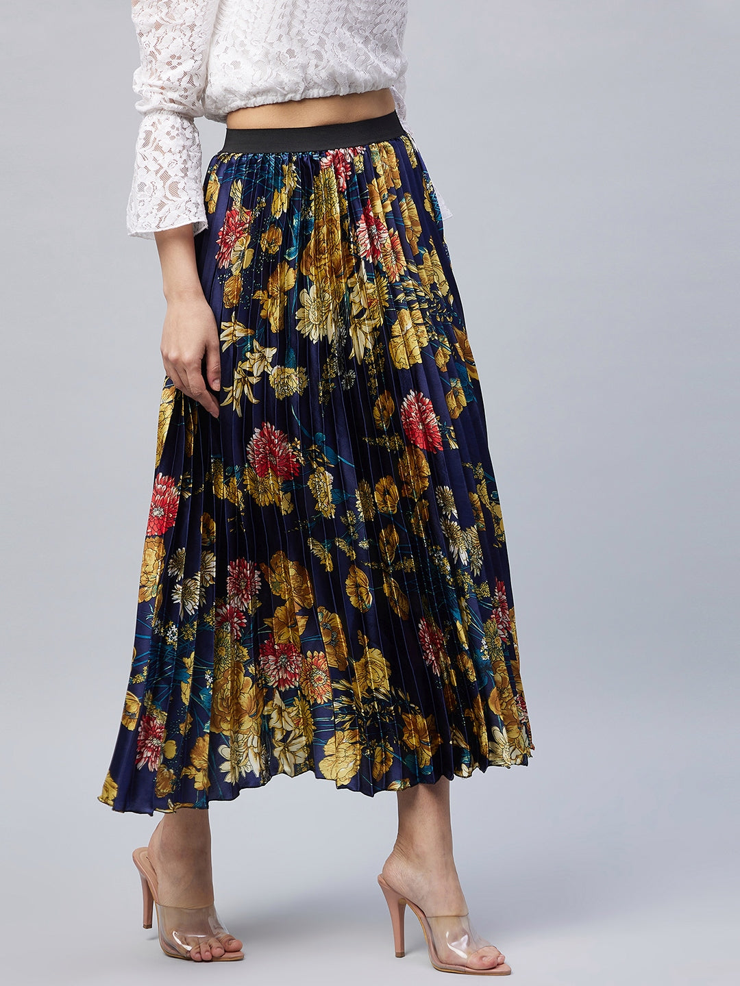 Women's Satin pleated skirt with Floral Print