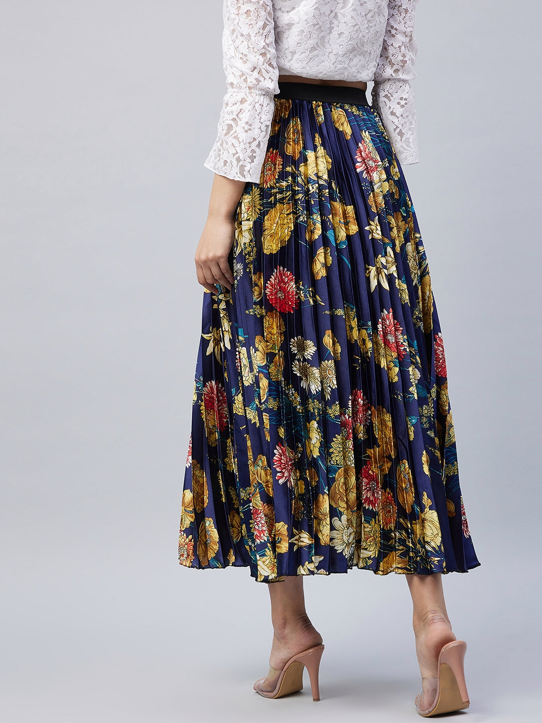 Women's Satin pleated skirt with Floral Print