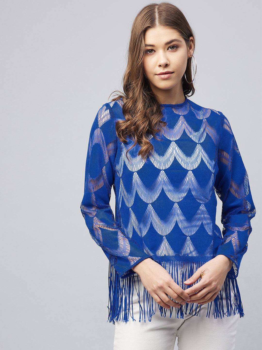 Women's Blue Sheer Lace Top with Fringes (Inner not provided)