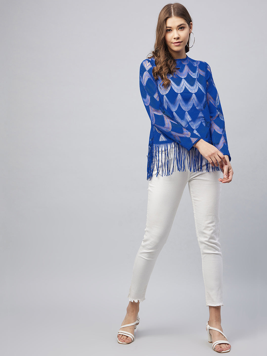 Women's Blue Sheer Lace Top with Fringes (Inner not provided)