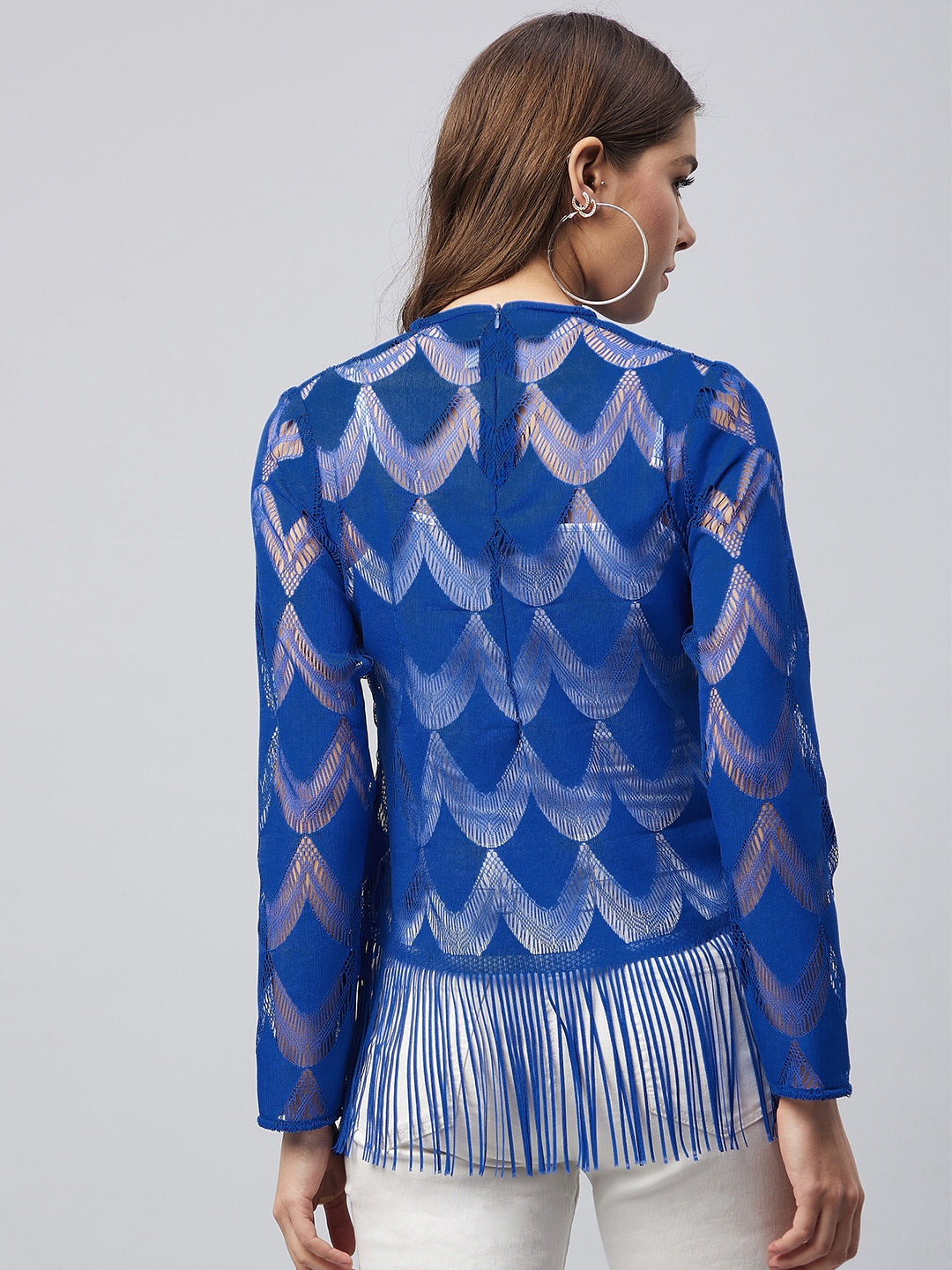 Women's Blue Sheer Lace Top with Fringes (Inner not provided)