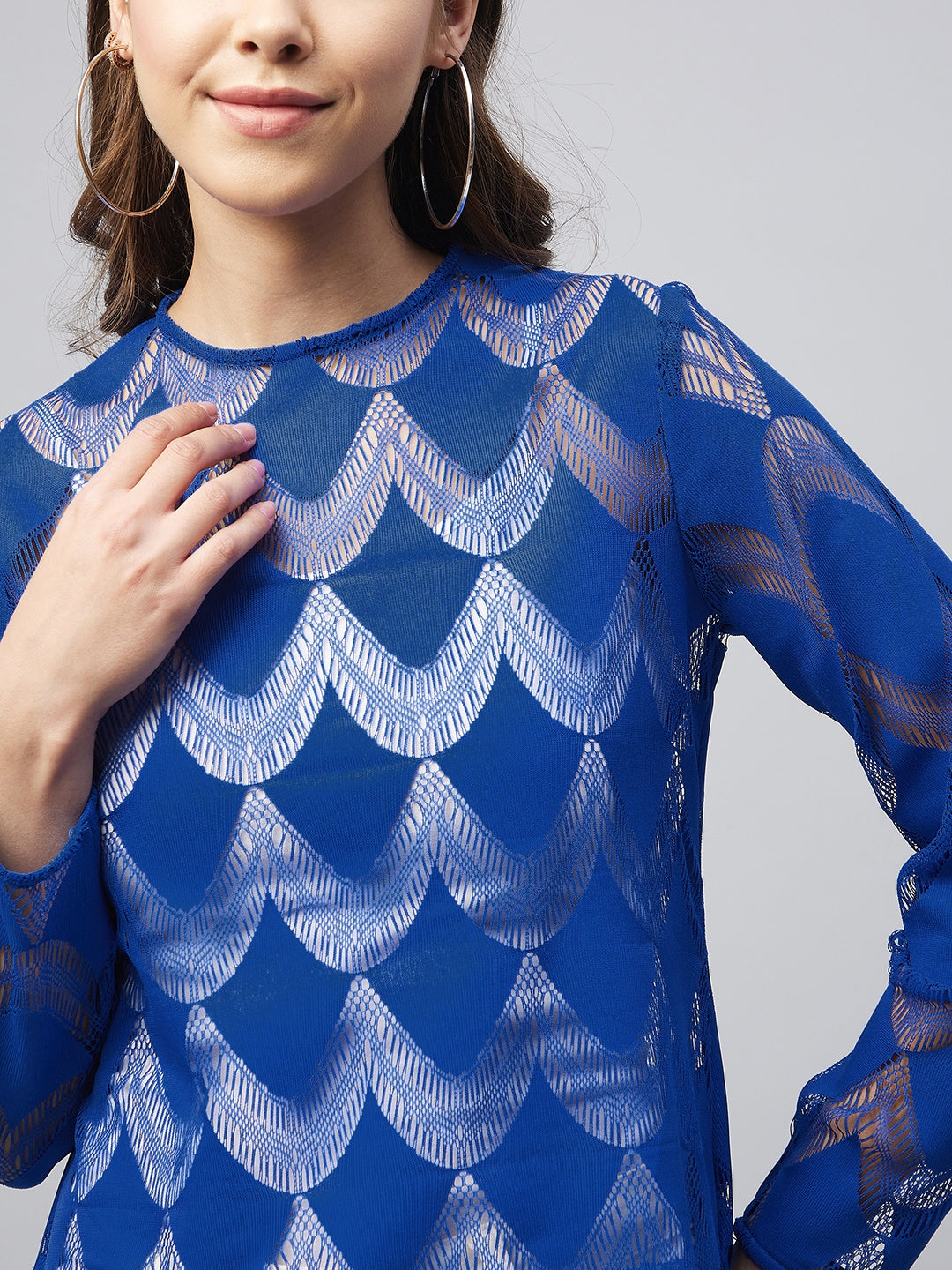 Women's Blue Sheer Lace Top with Fringes (Inner not provided)