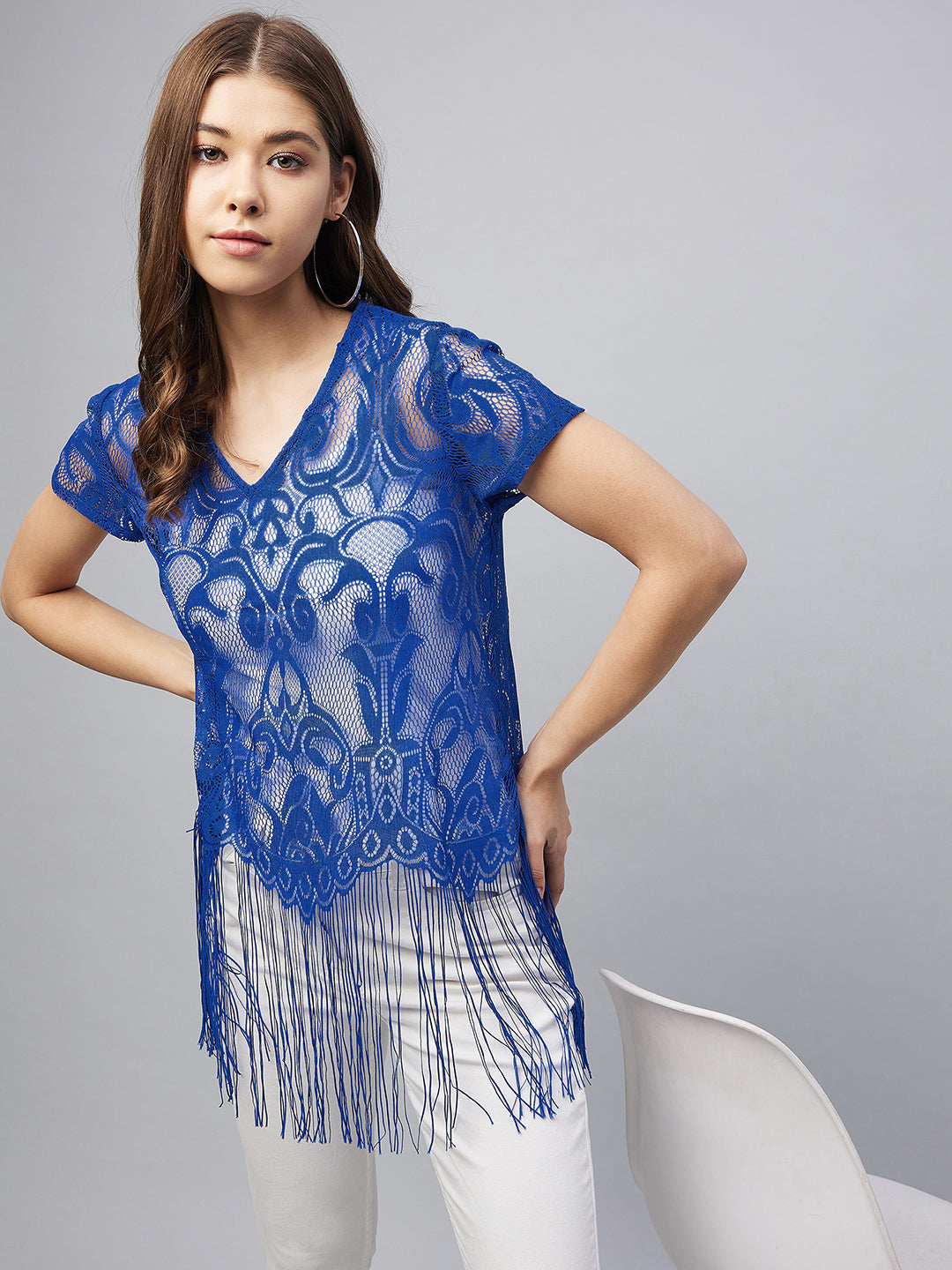 Women's Blue Sheer Lace Top with Fringes (Inner not provided)