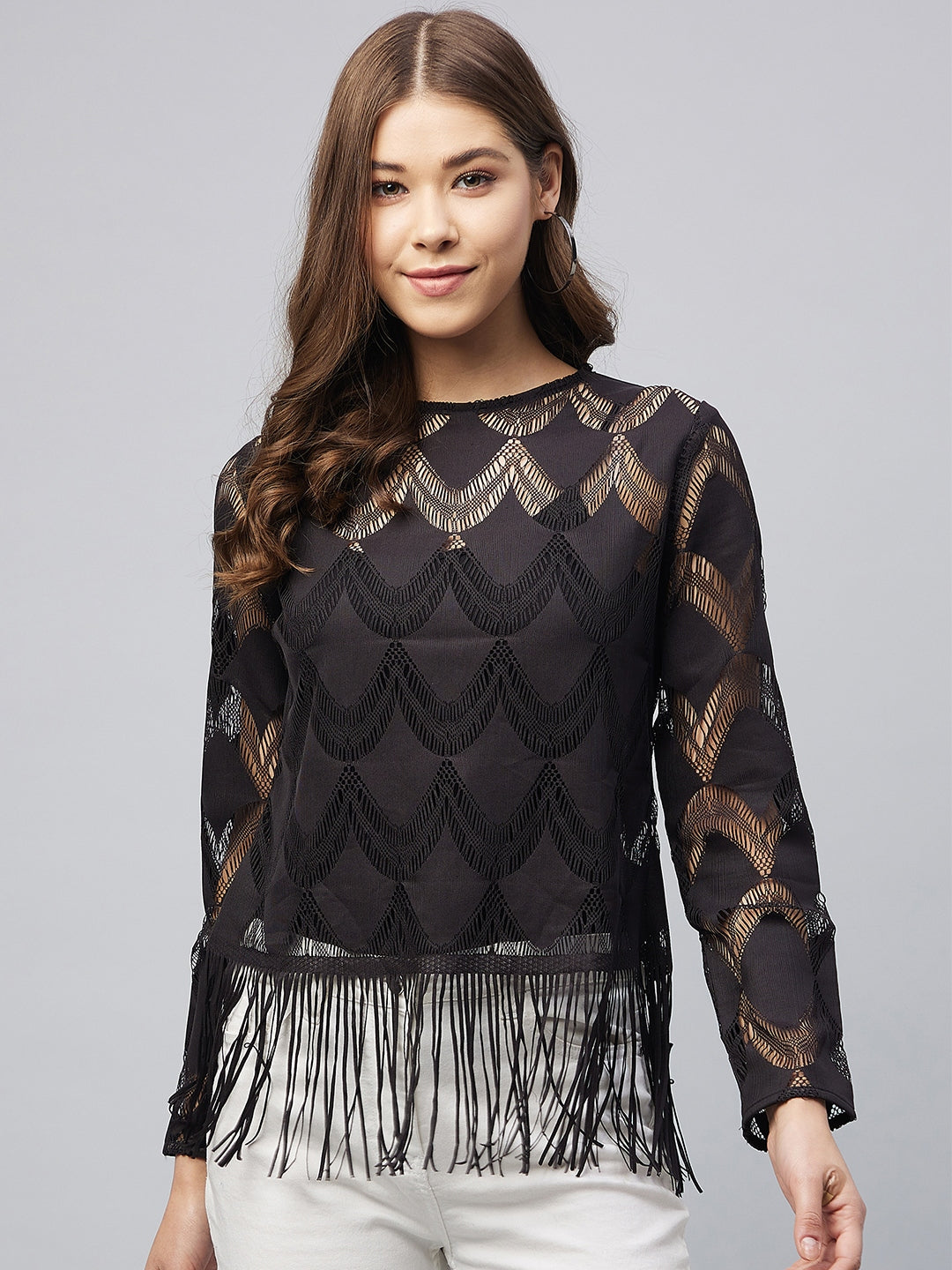 Women's Black Sheer Lace Top with Fringes (Inner not provided)