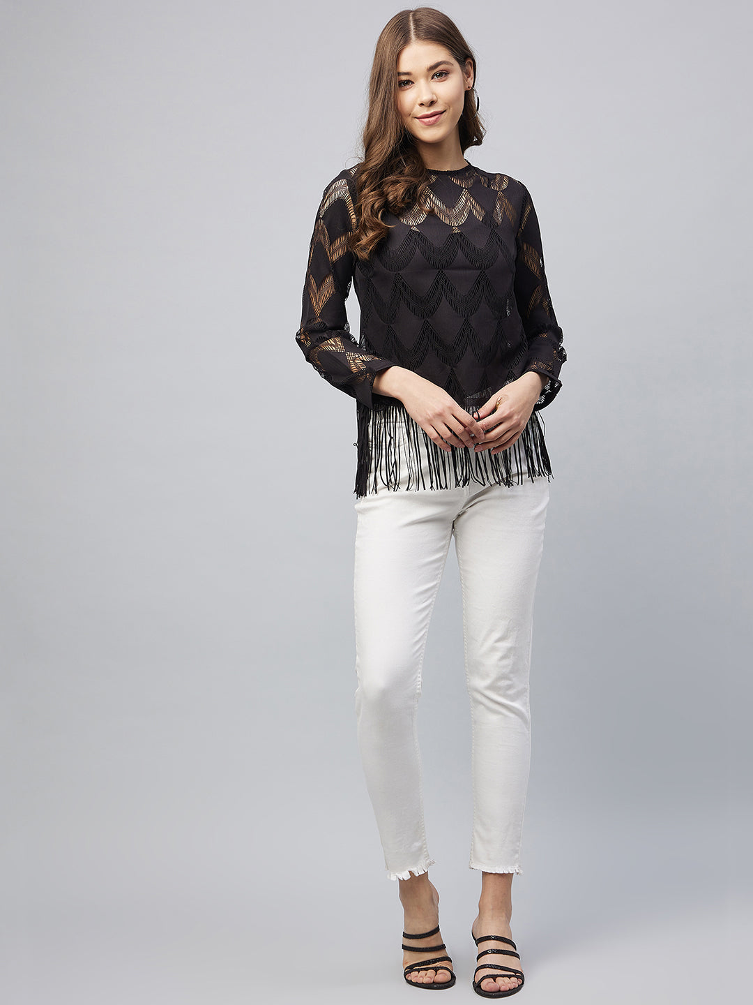 Women's Black Sheer Lace Top with Fringes (Inner not provided)