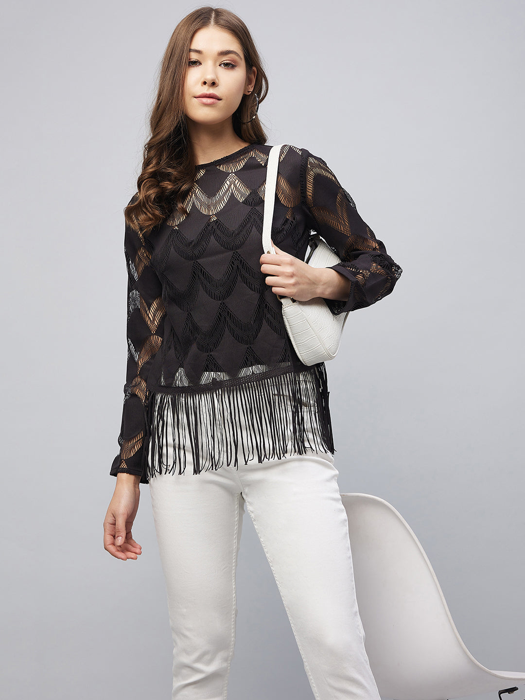 Women's Black Sheer Lace Top with Fringes (Inner not provided)