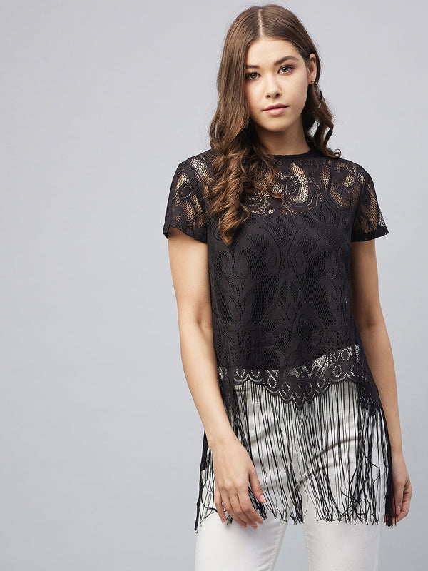 Women's Black Sheer Lace Top with Fringes (Inner not provided)